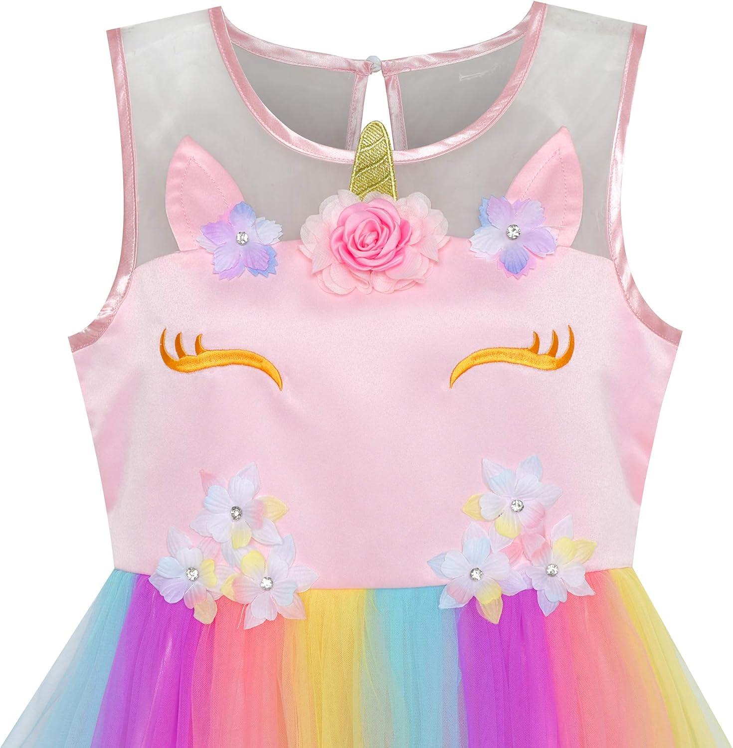 imageSunny Fashion Flower Girls Dress Unicorn Rainbow Pageant Princess PartyMulticolor Unicorn