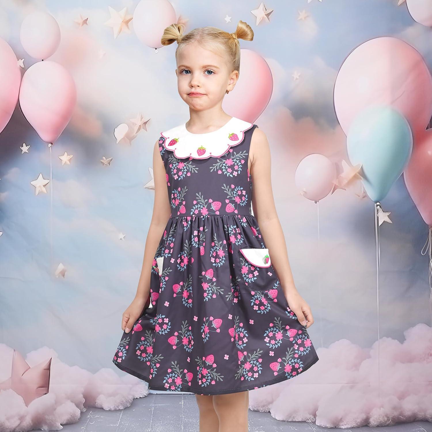 imageSunny Fashion Girls Dress Blue Flower PrintPink Strawberry