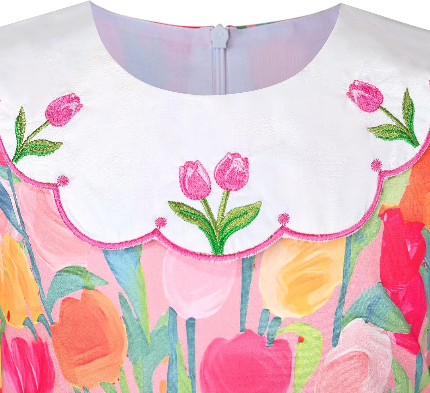 imageSunny Fashion Girls Dress Blue Flower PrintPink Tulip