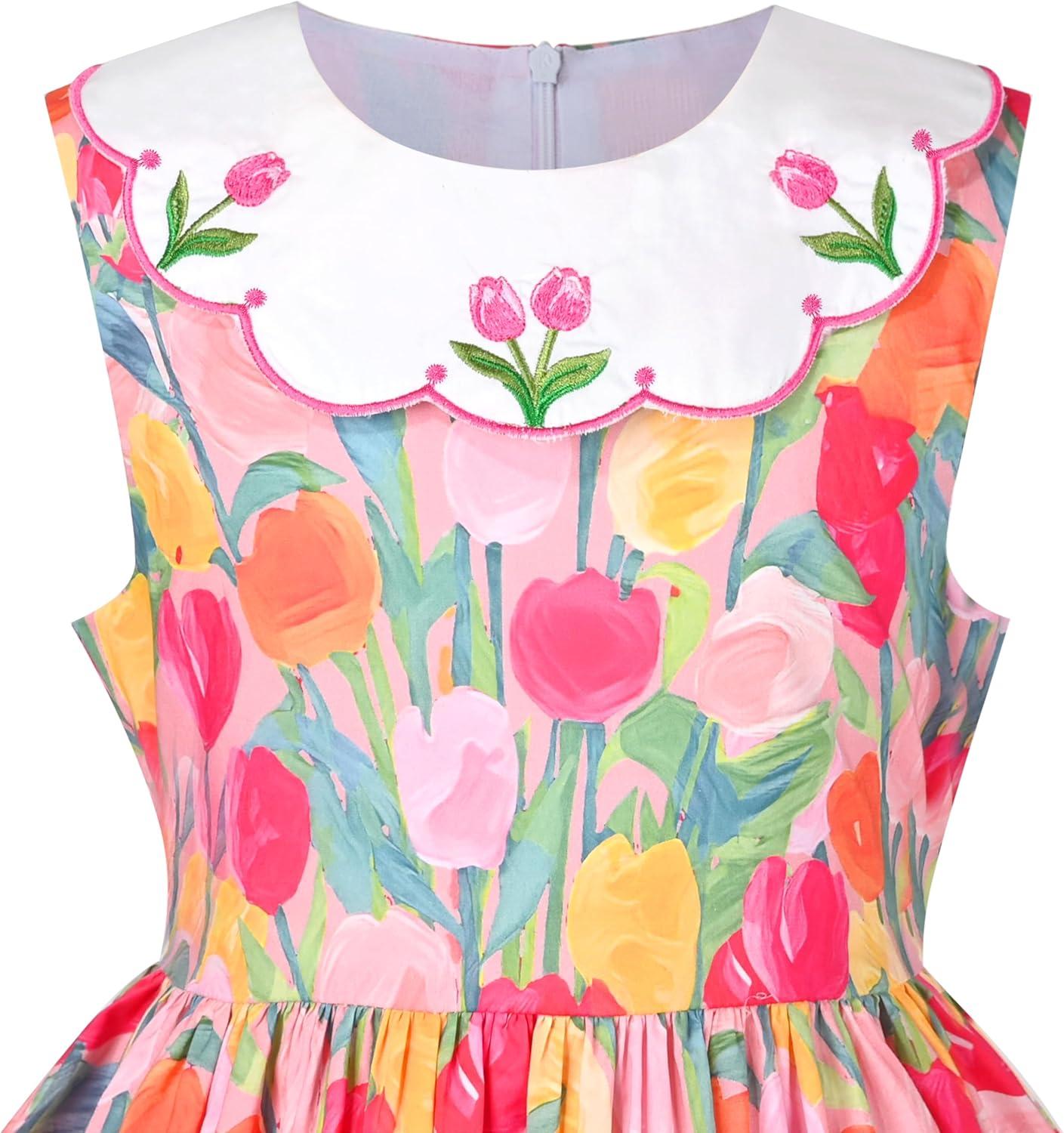 imageSunny Fashion Girls Dress Blue Flower PrintPink Tulip