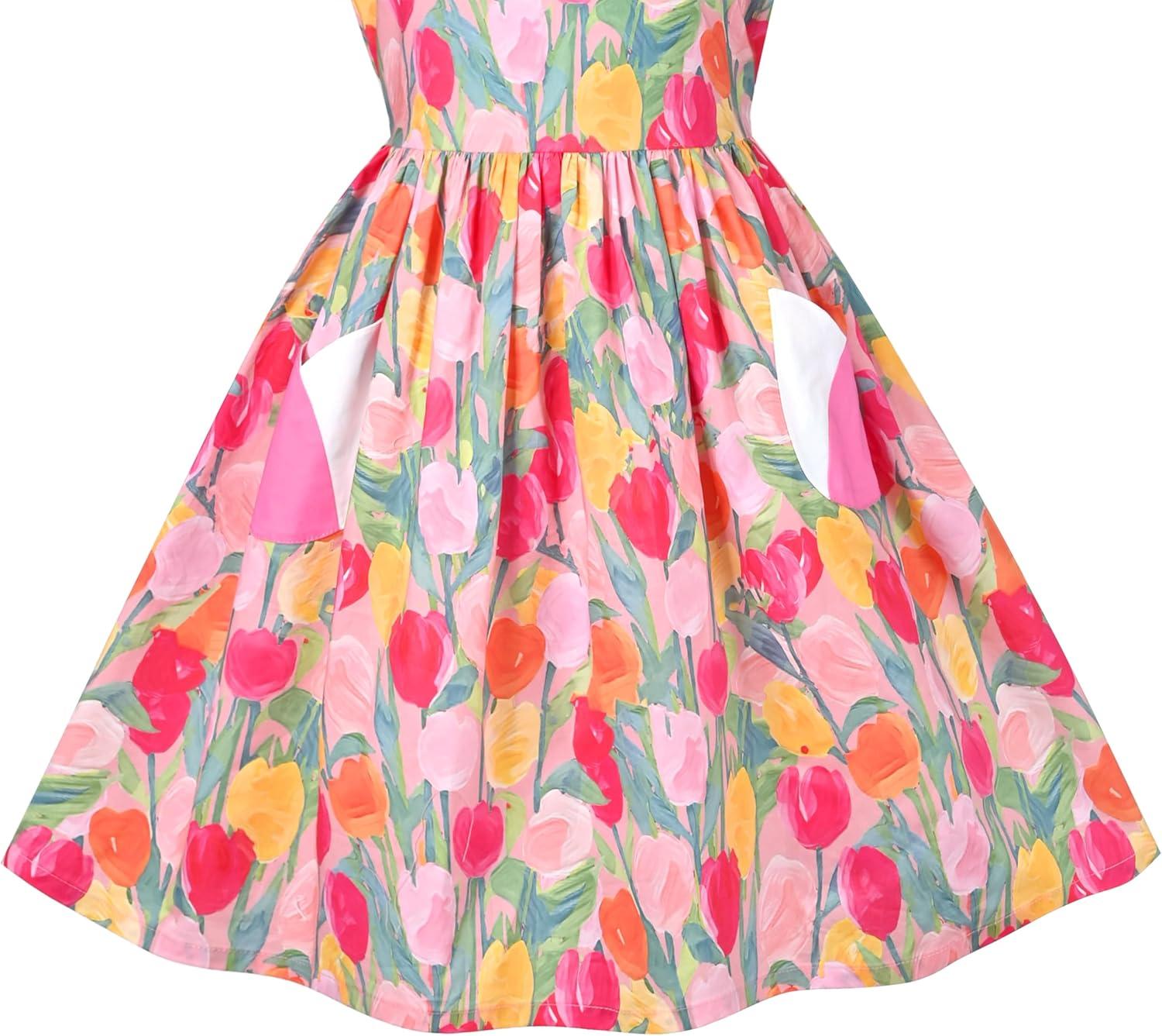imageSunny Fashion Girls Dress Blue Flower PrintPink Tulip