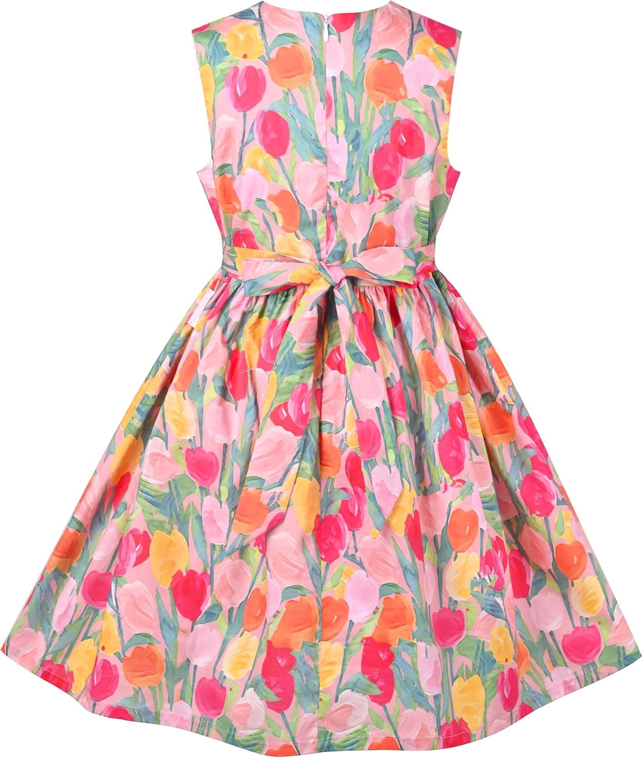 imageSunny Fashion Girls Dress Blue Flower PrintPink Tulip