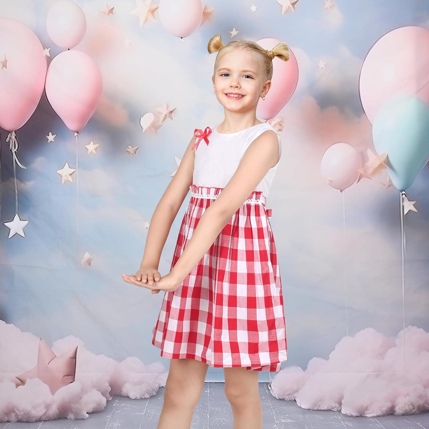 imageSunny Fashion Girls Dress Blue Flower PrintRed Checkered