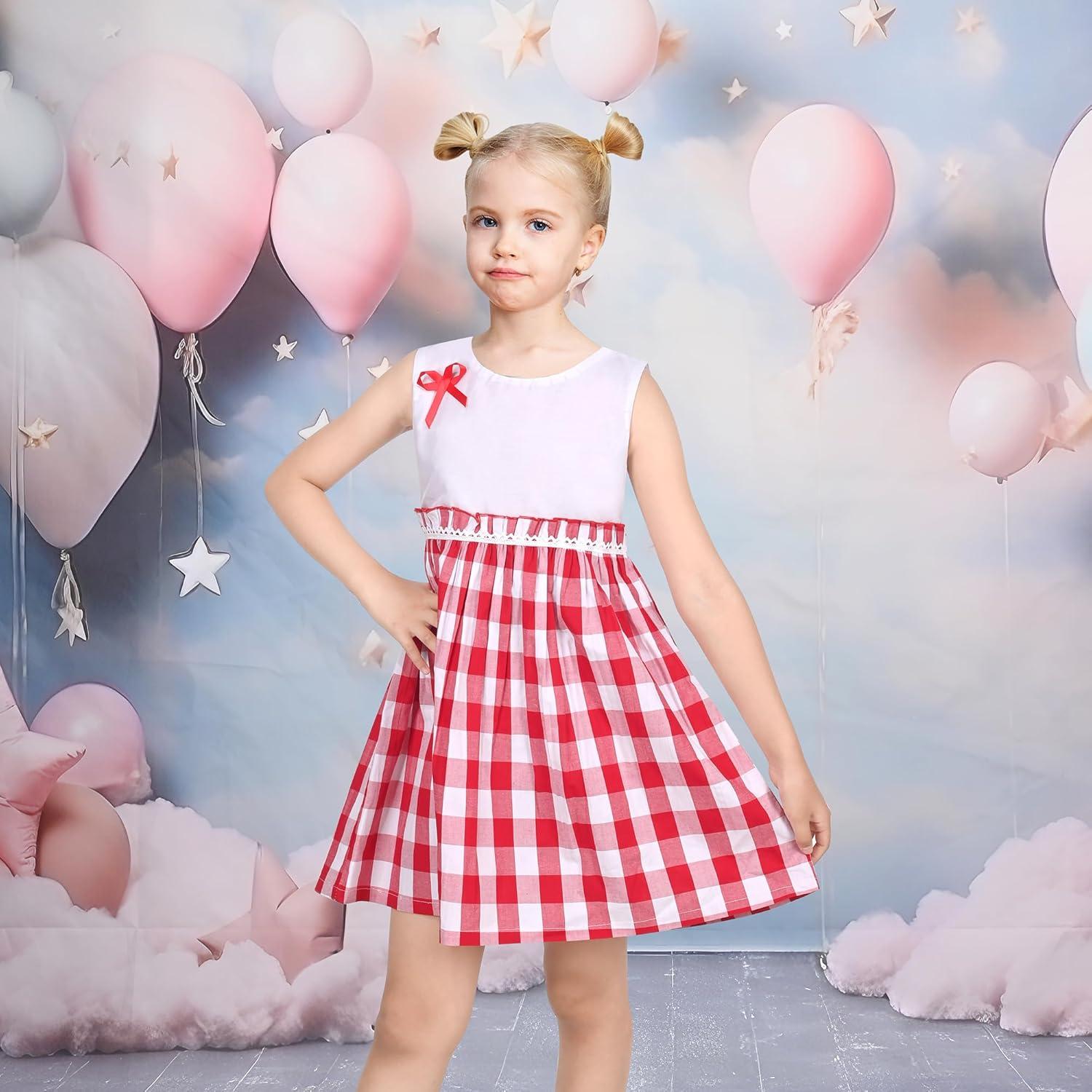 imageSunny Fashion Girls Dress Blue Flower PrintRed Checkered