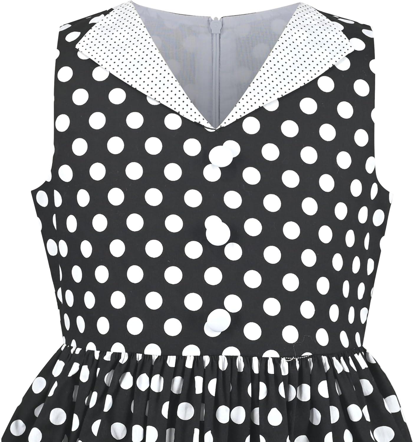 imageSunny Fashion Girls Dress Blue Polka Dot Pocket Pleated Summer Sleeveless CottonBlack Polka Dot
