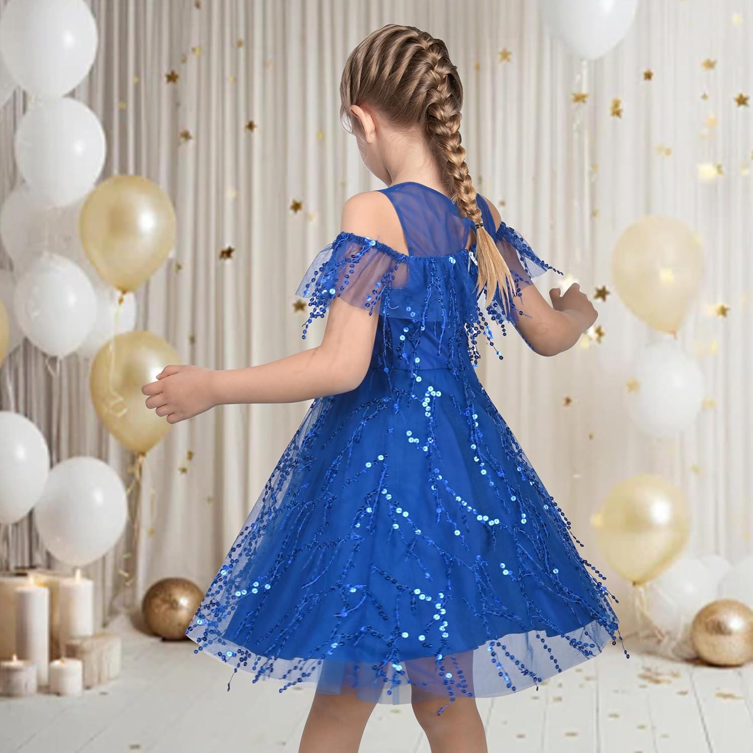 imageSunny Fashion Girls Dress Purple Off Shoulder HiLow Skirt Bridesmaid Size 714Blue Sequin