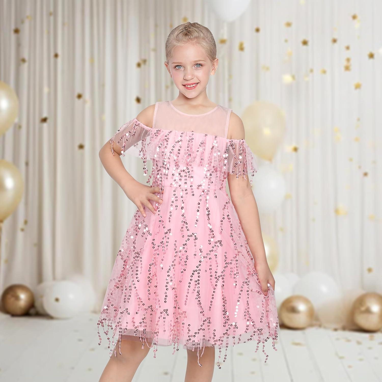 imageSunny Fashion Girls Dress Purple Off Shoulder HiLow Skirt Bridesmaid Size 714Pink Sequin