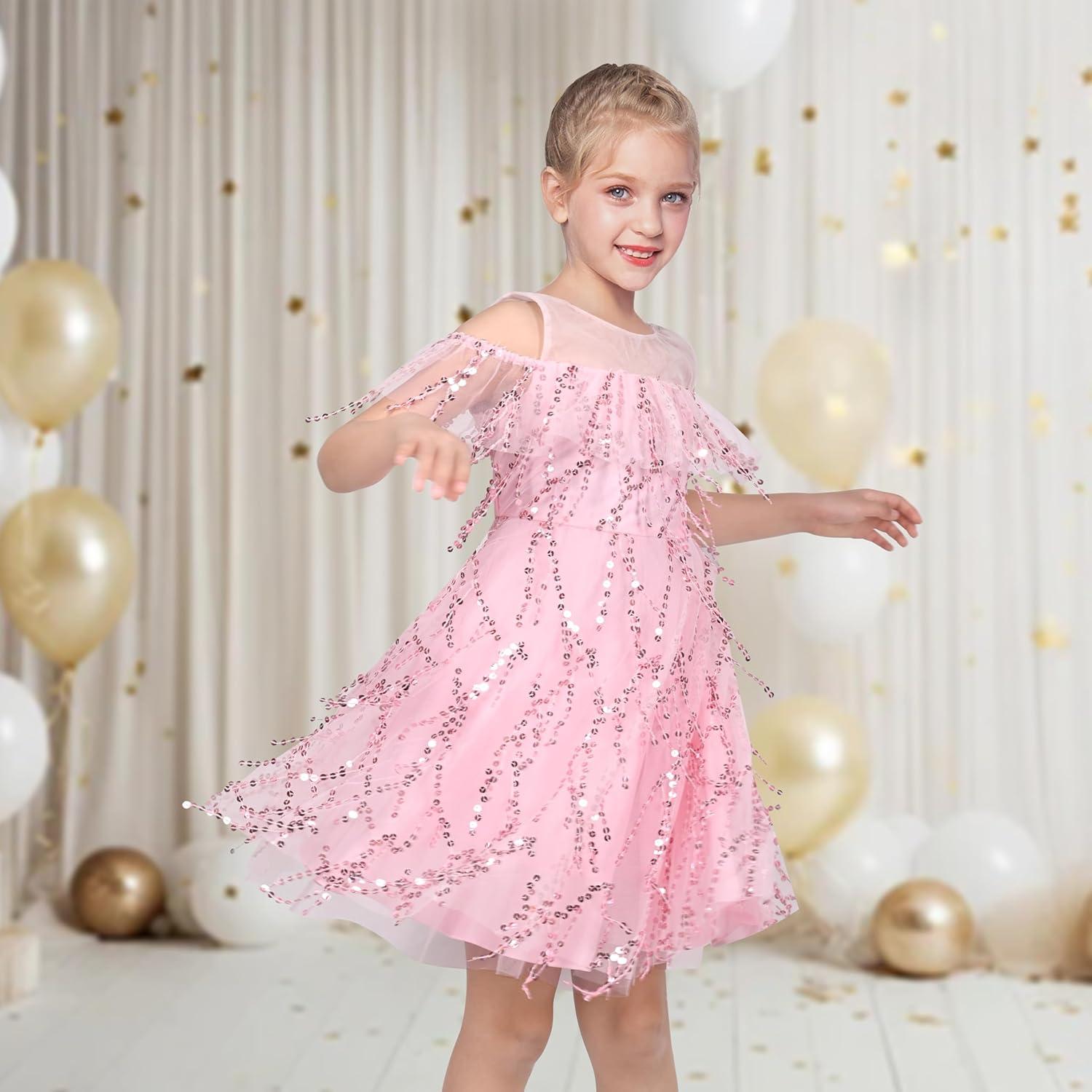 imageSunny Fashion Girls Dress Purple Off Shoulder HiLow Skirt Bridesmaid Size 714Pink Sequin