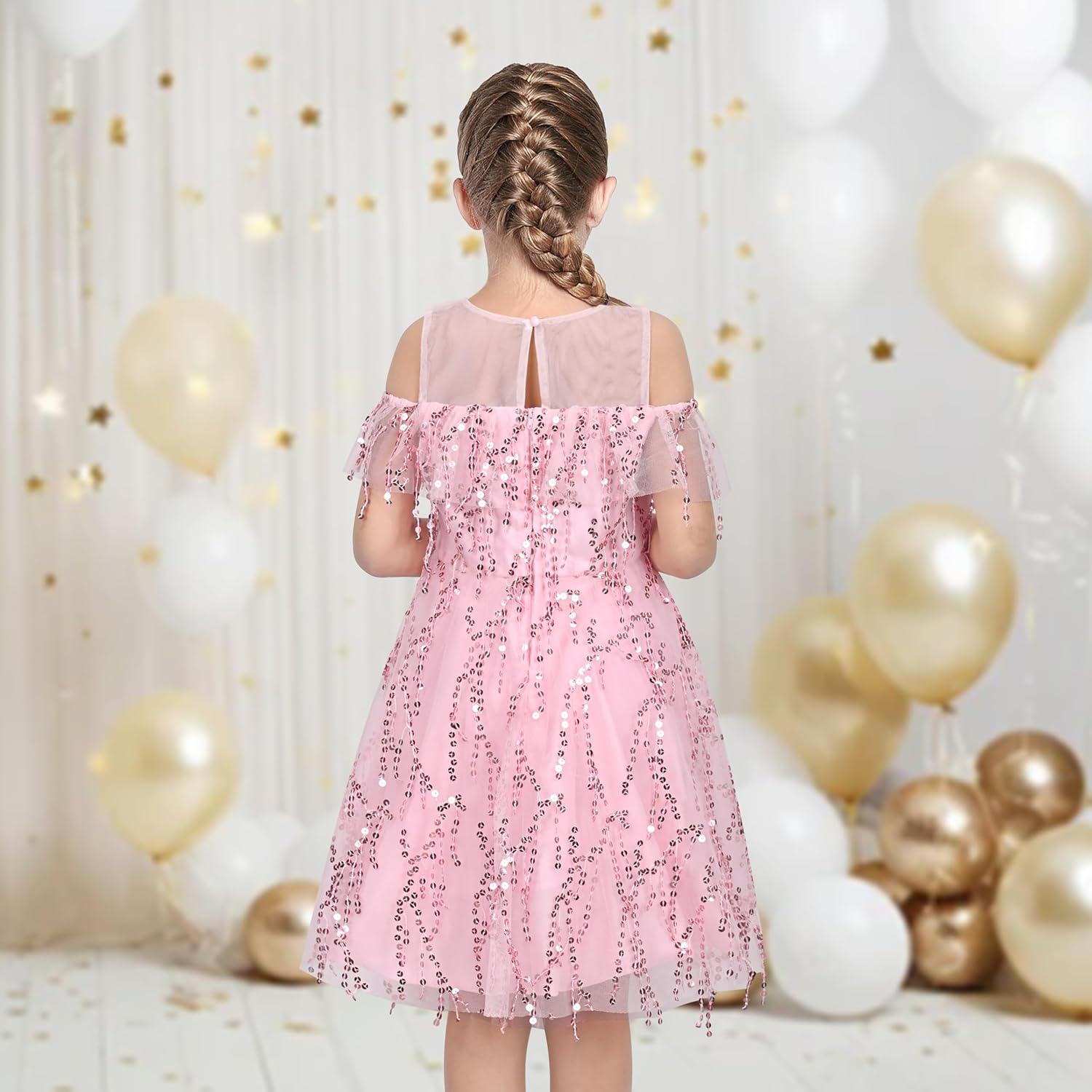 imageSunny Fashion Girls Dress Purple Off Shoulder HiLow Skirt Bridesmaid Size 714Pink Sequin