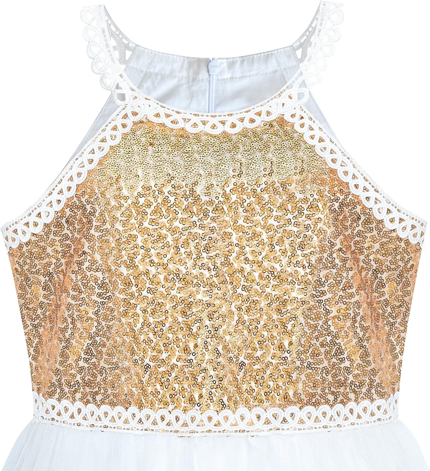 imageSunny Fashion Girls Dress Turquoise Embroidered Halter Dress PartyGold