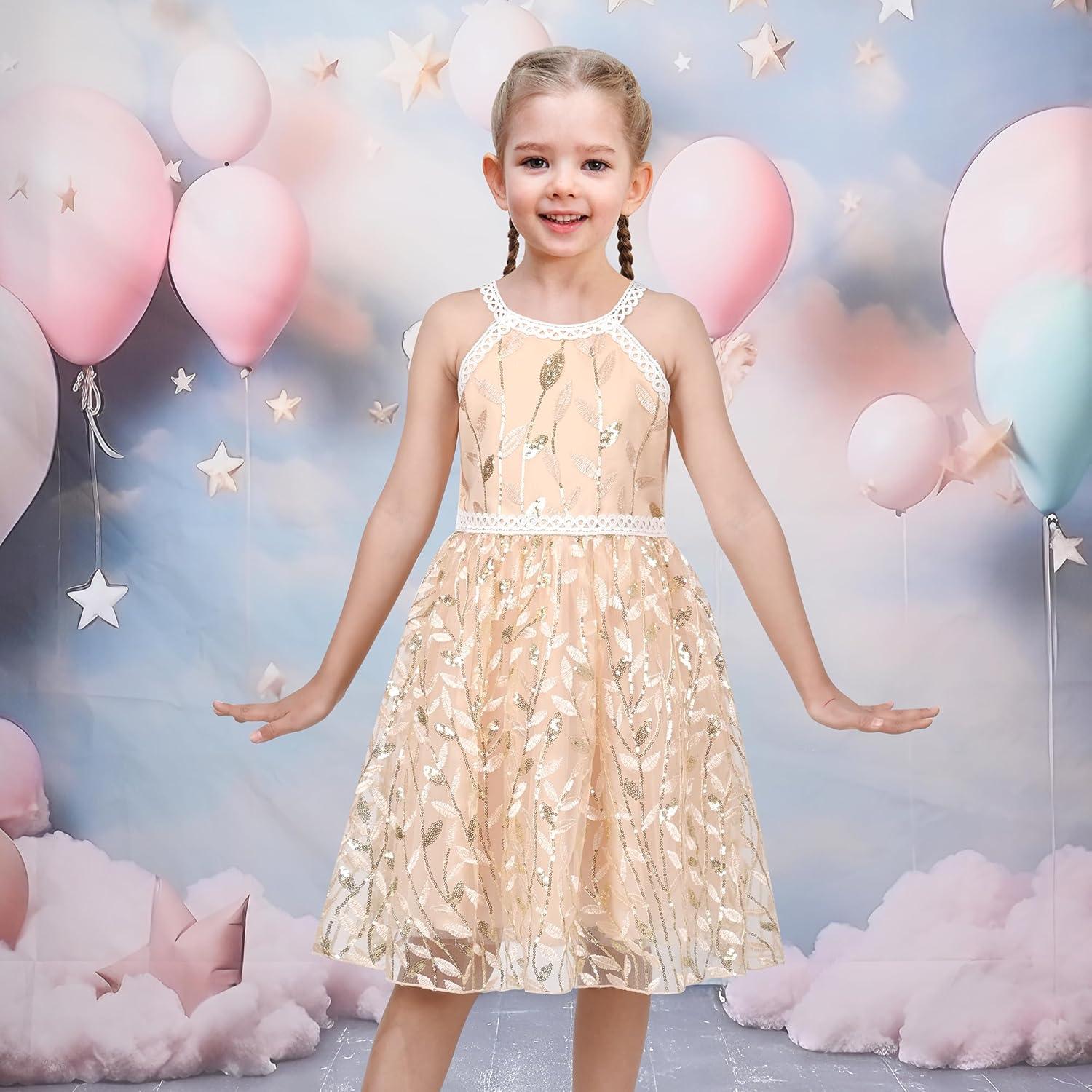 imageSunny Fashion Girls Dress Turquoise Embroidered Halter Dress PartyGold Leaf