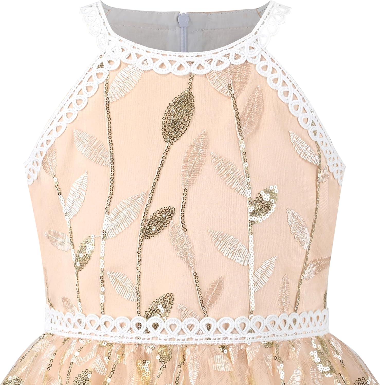 imageSunny Fashion Girls Dress Turquoise Embroidered Halter Dress PartyGold Leaf