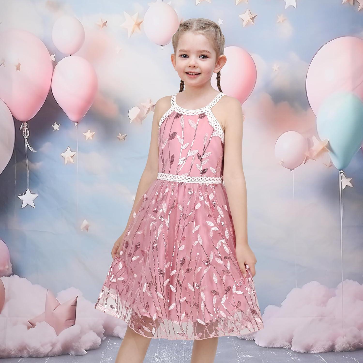 imageSunny Fashion Girls Dress Turquoise Embroidered Halter Dress PartyPink Leaf