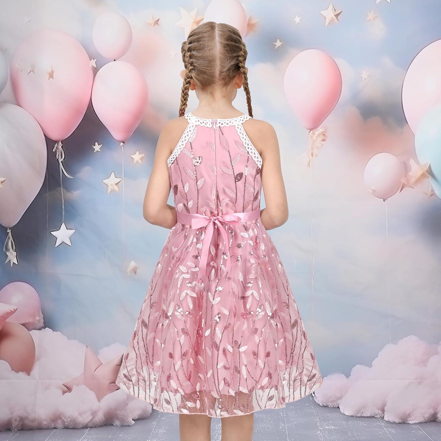 imageSunny Fashion Girls Dress Turquoise Embroidered Halter Dress PartyPink Leaf