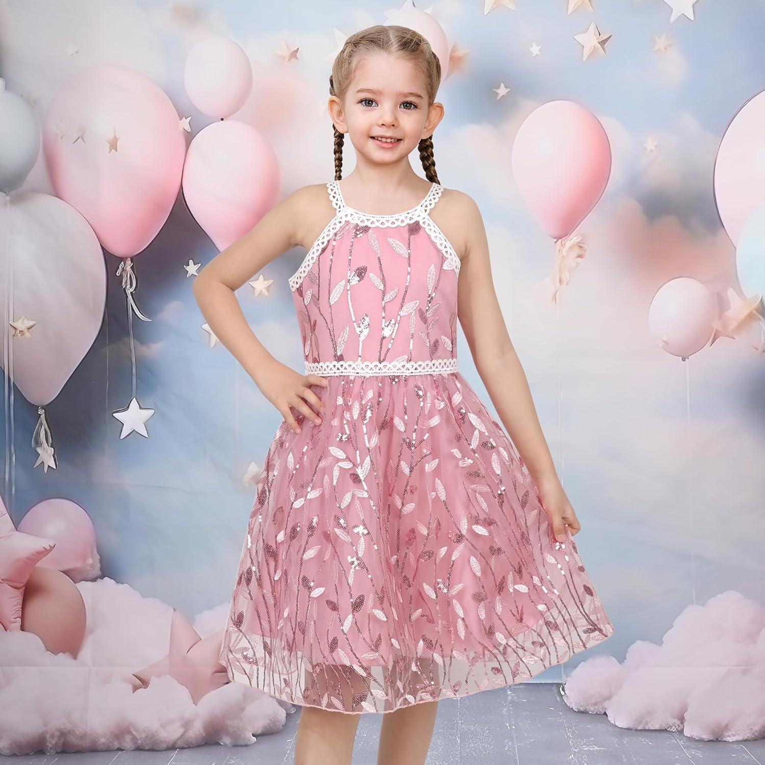 imageSunny Fashion Girls Dress Turquoise Embroidered Halter Dress PartyPink Leaf