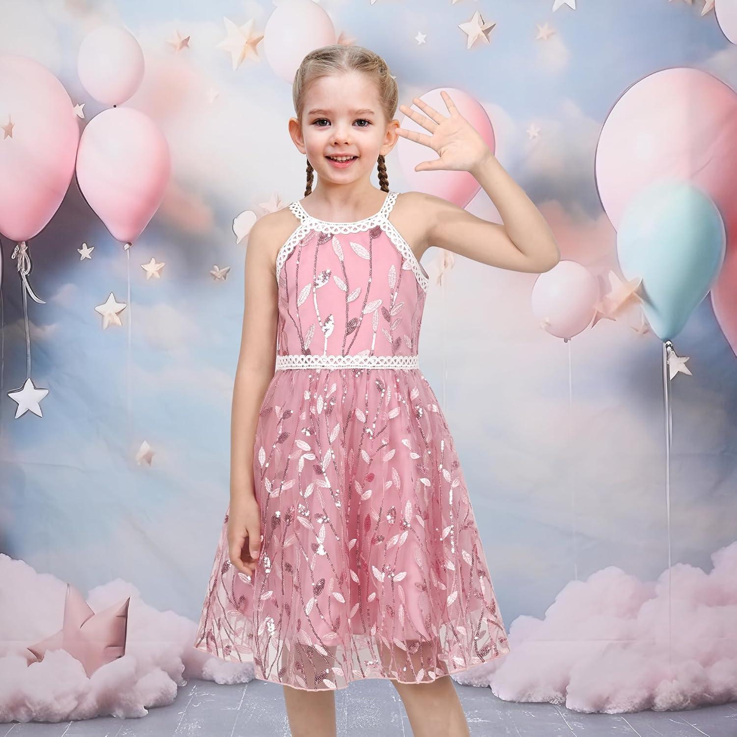 imageSunny Fashion Girls Dress Turquoise Embroidered Halter Dress PartyPink Leaf