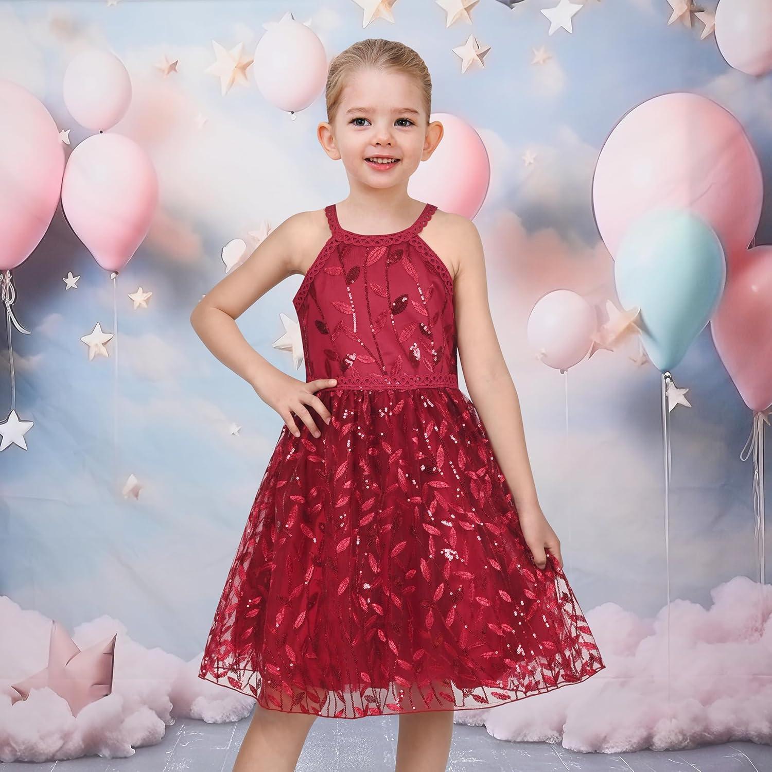 imageSunny Fashion Girls Dress Turquoise Embroidered Halter Dress PartyRed Leaves