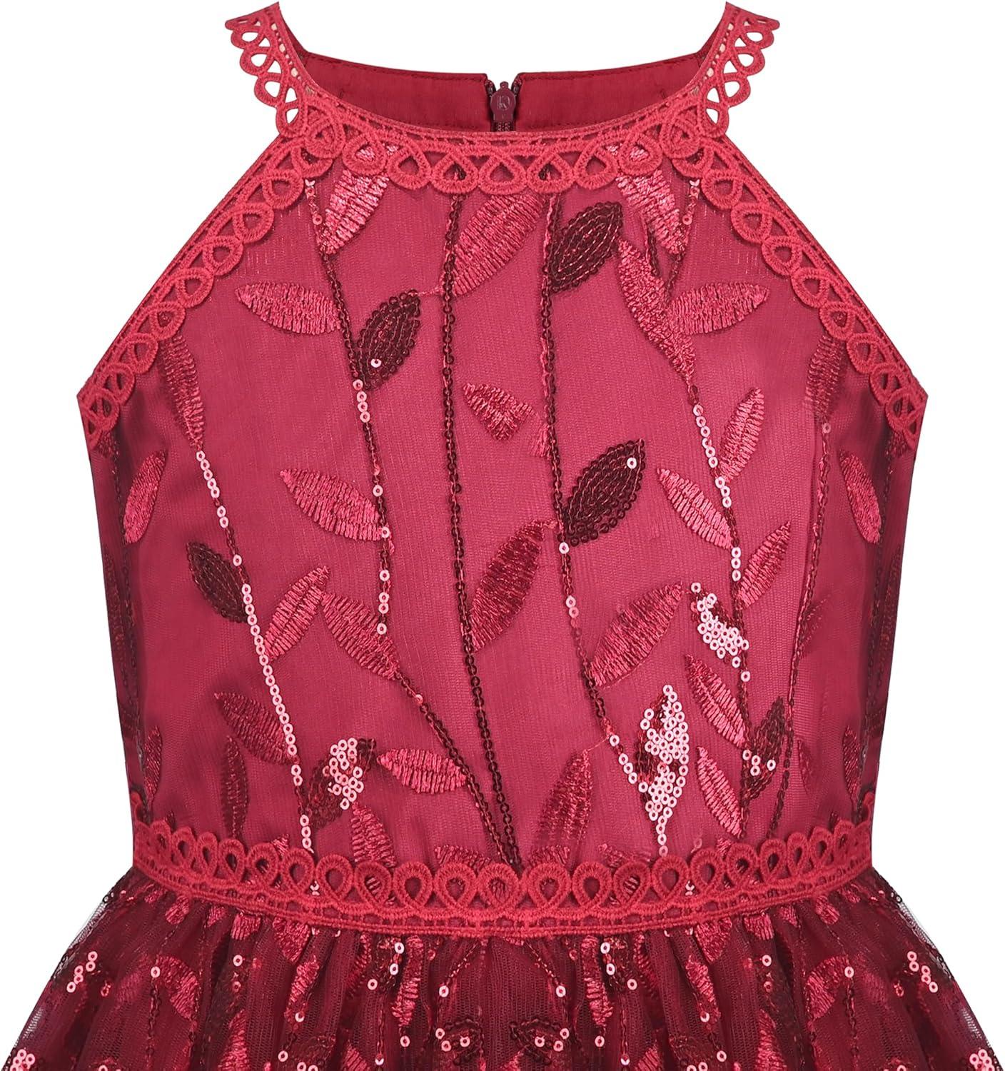 imageSunny Fashion Girls Dress Turquoise Embroidered Halter Dress PartyRed Leaves