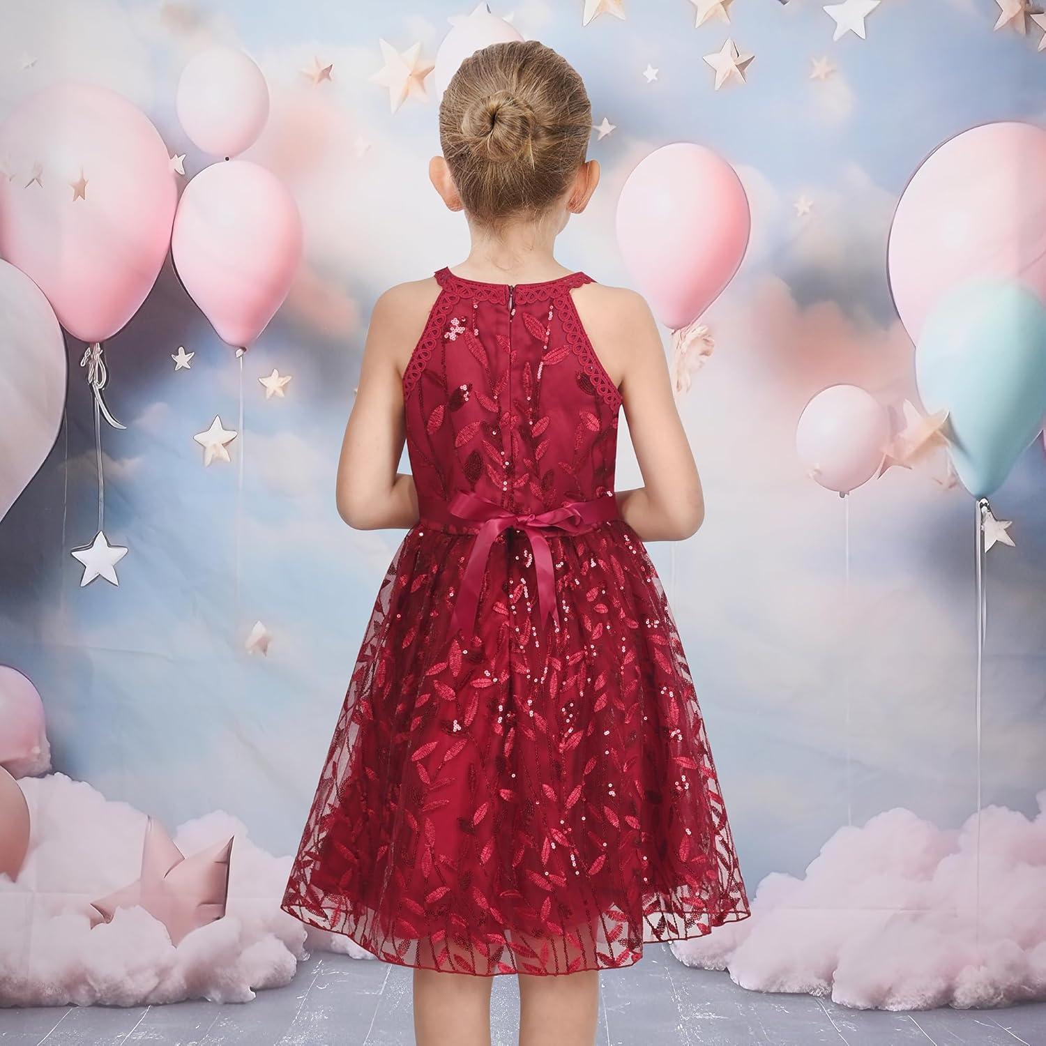 imageSunny Fashion Girls Dress Turquoise Embroidered Halter Dress PartyRed Leaves