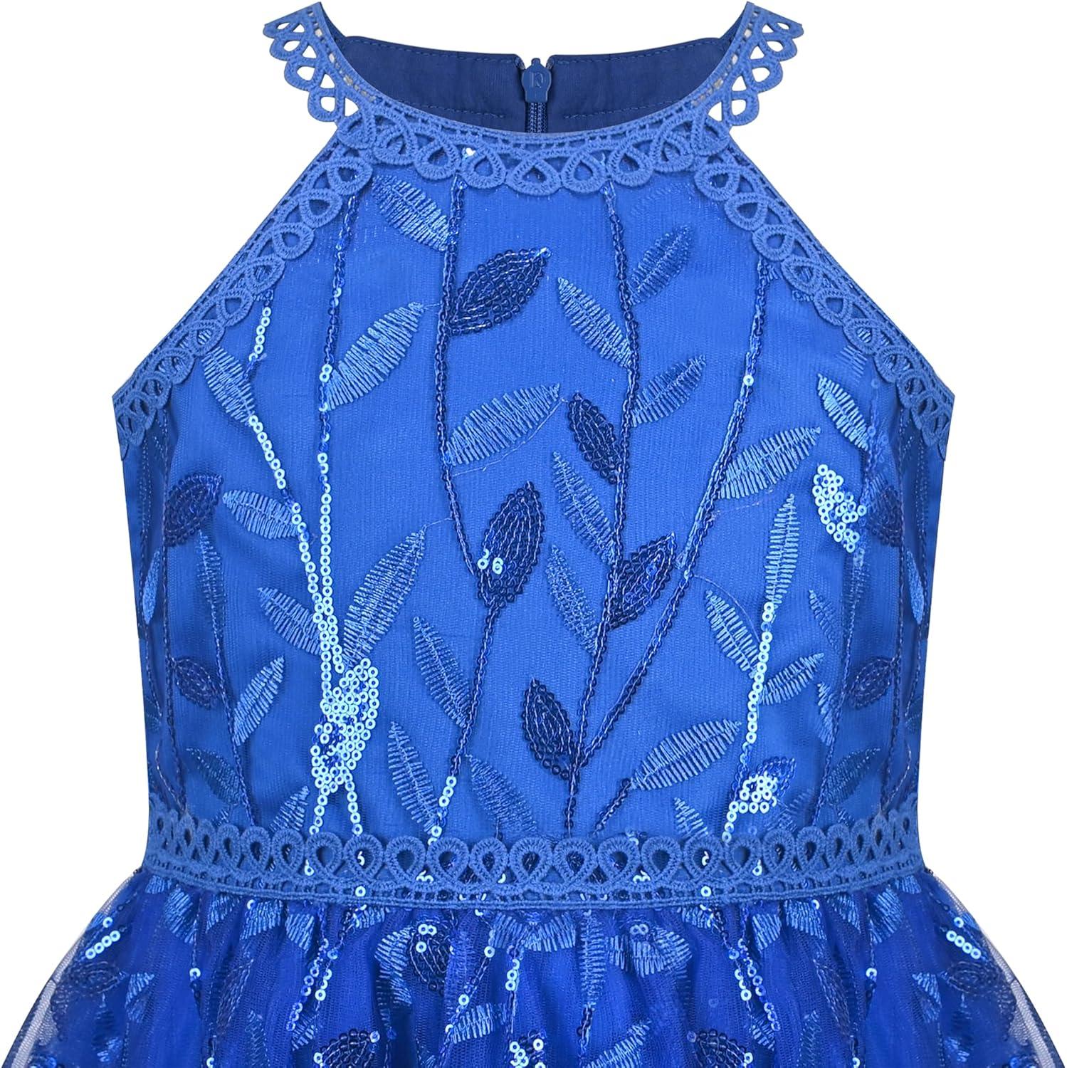 imageSunny Fashion Girls Dress Turquoise Embroidered Halter Dress PartyRoyal Blue