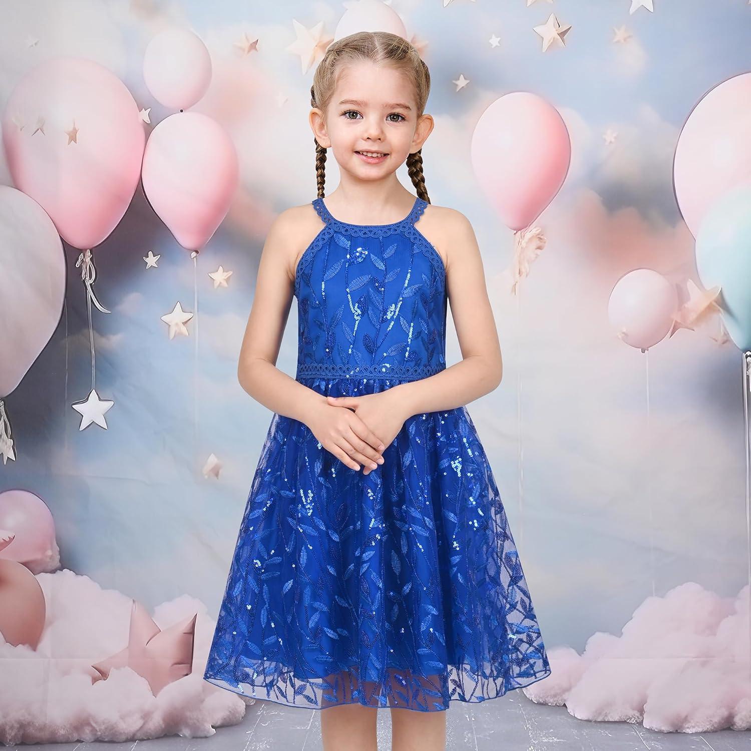 imageSunny Fashion Girls Dress Turquoise Embroidered Halter Dress PartyRoyal Blue