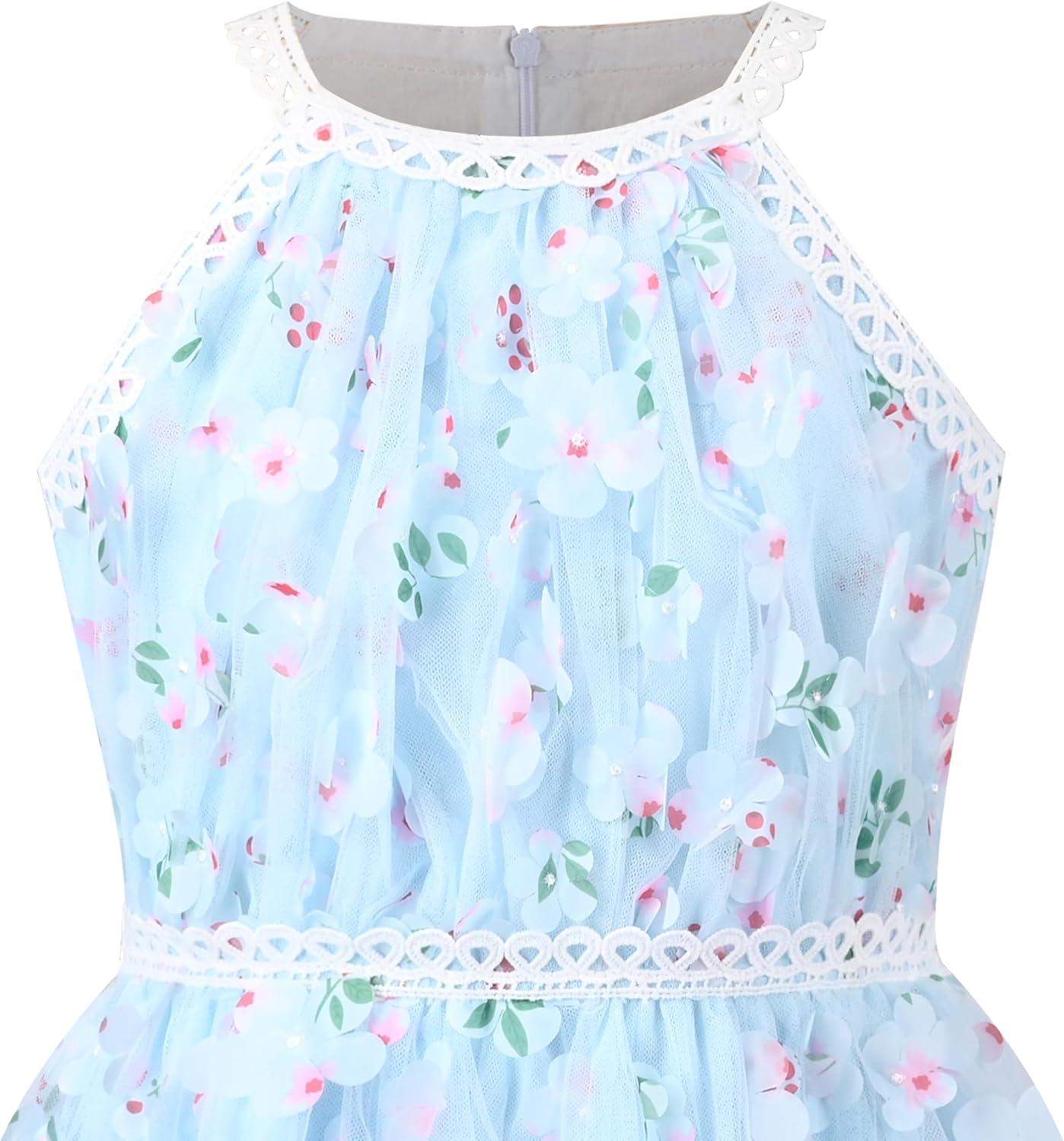 imageSunny Fashion Girls Dress Turquoise Embroidered Halter Dress PartySky Blue Lace