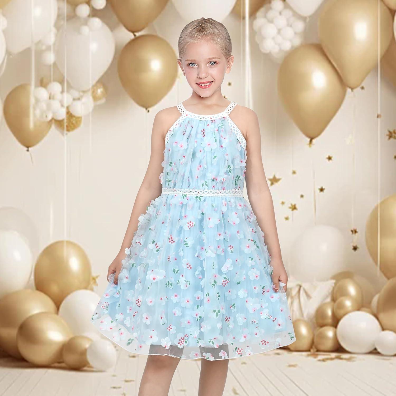 imageSunny Fashion Girls Dress Turquoise Embroidered Halter Dress PartySky Blue Lace