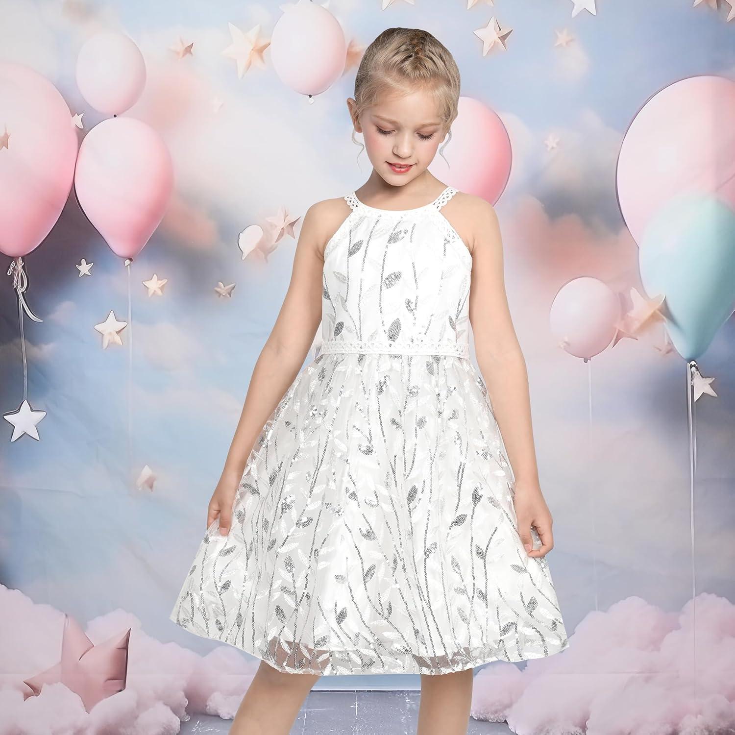 imageSunny Fashion Girls Dress Turquoise Embroidered Halter Dress PartyWhite Leaf