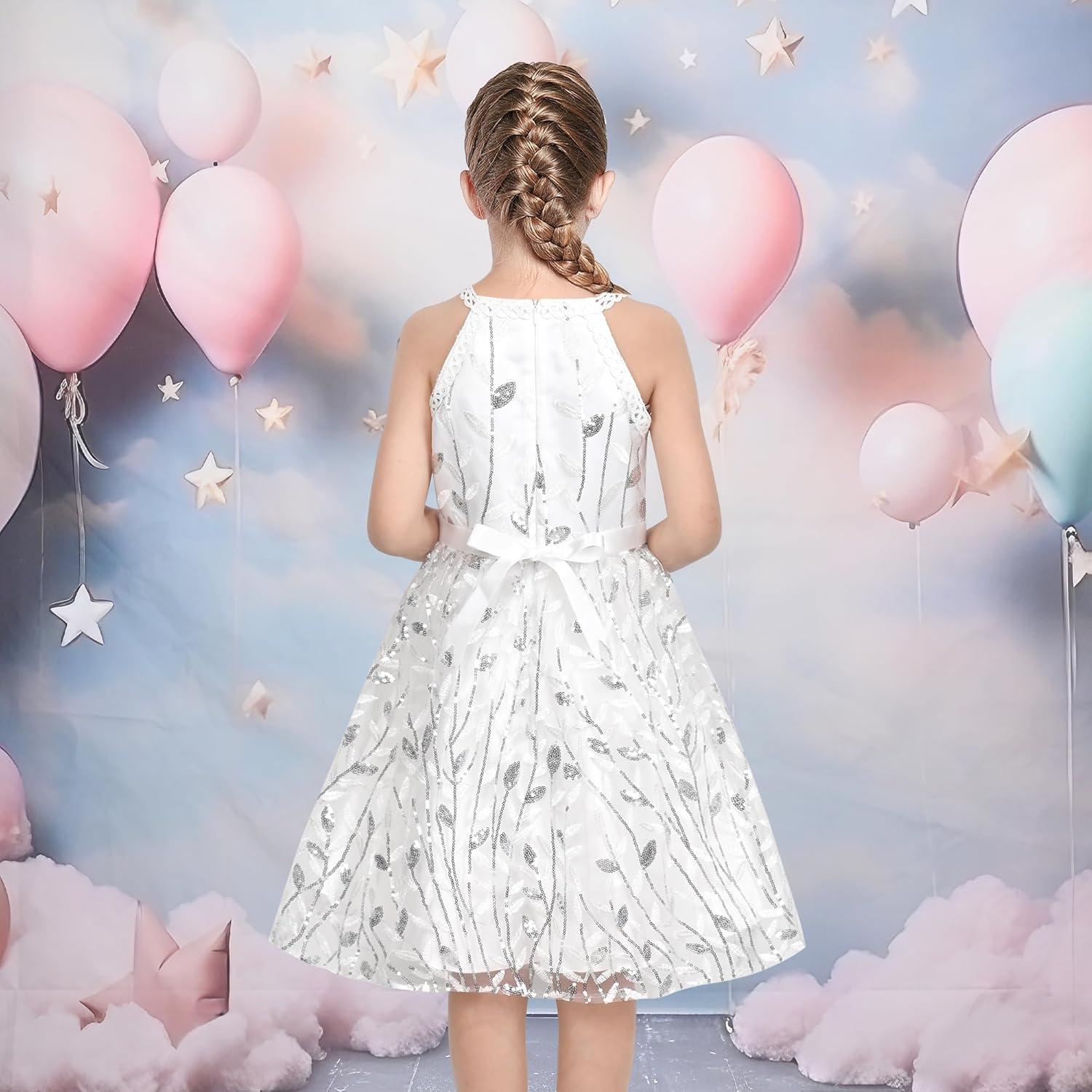 imageSunny Fashion Girls Dress Turquoise Embroidered Halter Dress PartyWhite Leaf