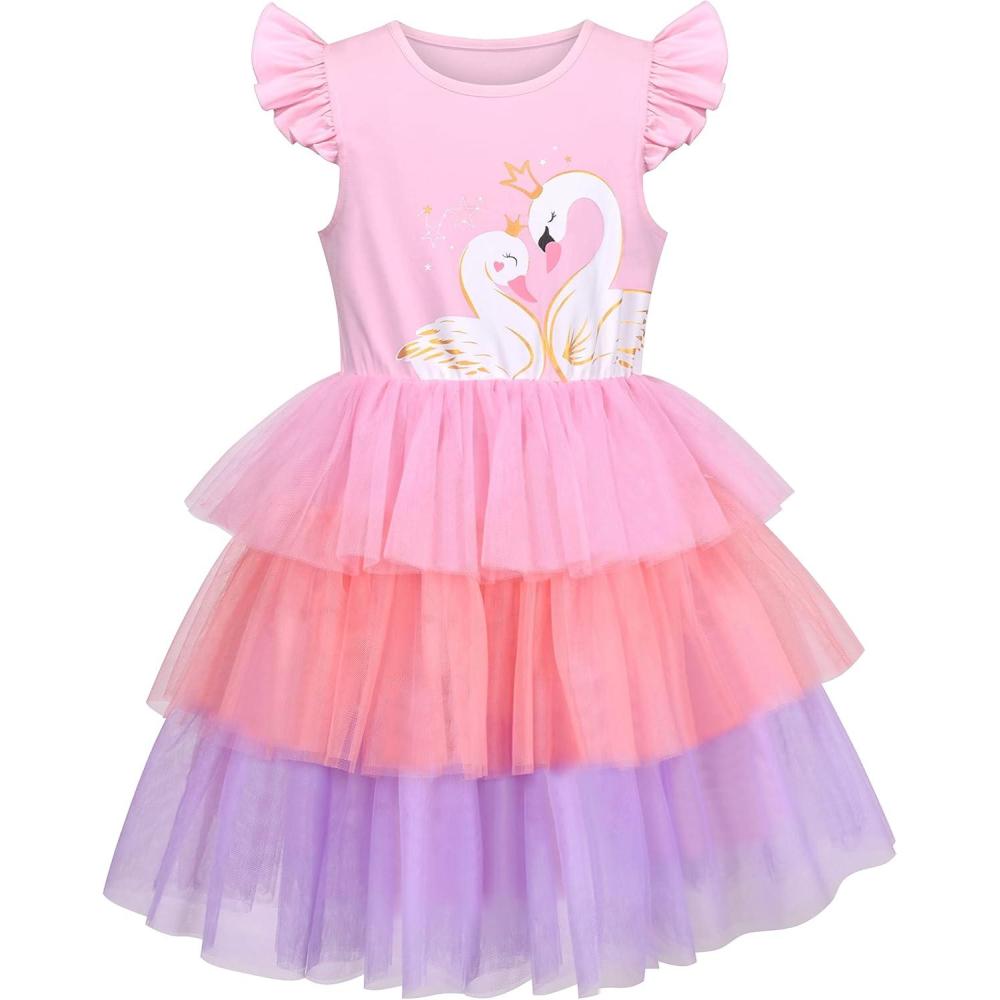 imageGirls Dress Pink Tutu Unicorn Dancing Tiered Skirt Ballet Birthday Party 37Pink Swan