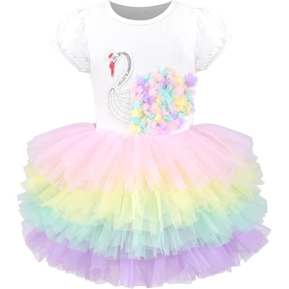 imageGirls Dress Pink Tutu Unicorn Dancing Tiered Skirt Ballet Birthday Party 37Rainbow Swan