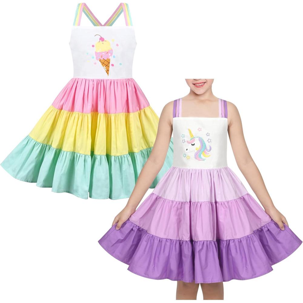 imageGirls Dress Rainbow Icecream Unicorn Strip Suspender Sleeveless Sundress Summer Size 7
