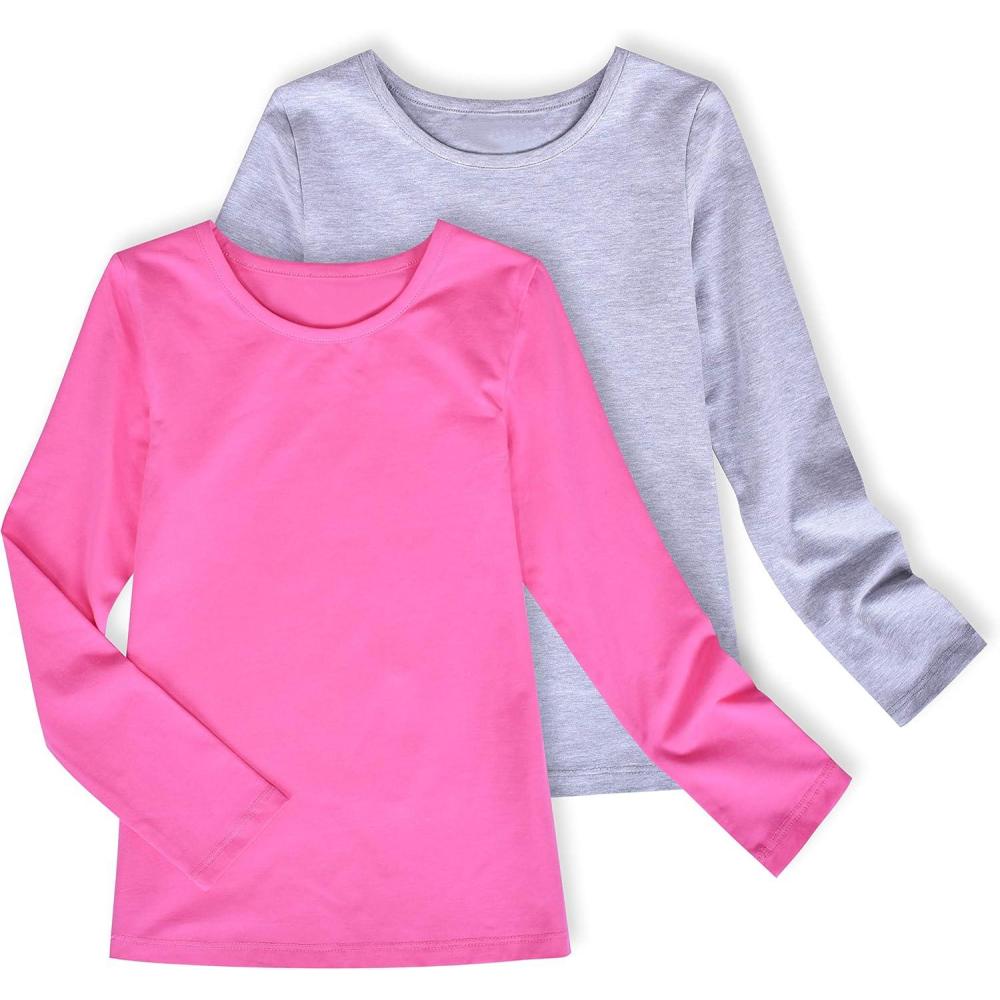 imageSunny Fashion 2 Pack Girls Top Tee Shirt Base Layer Comfort Cotton SoftGray Pink Set