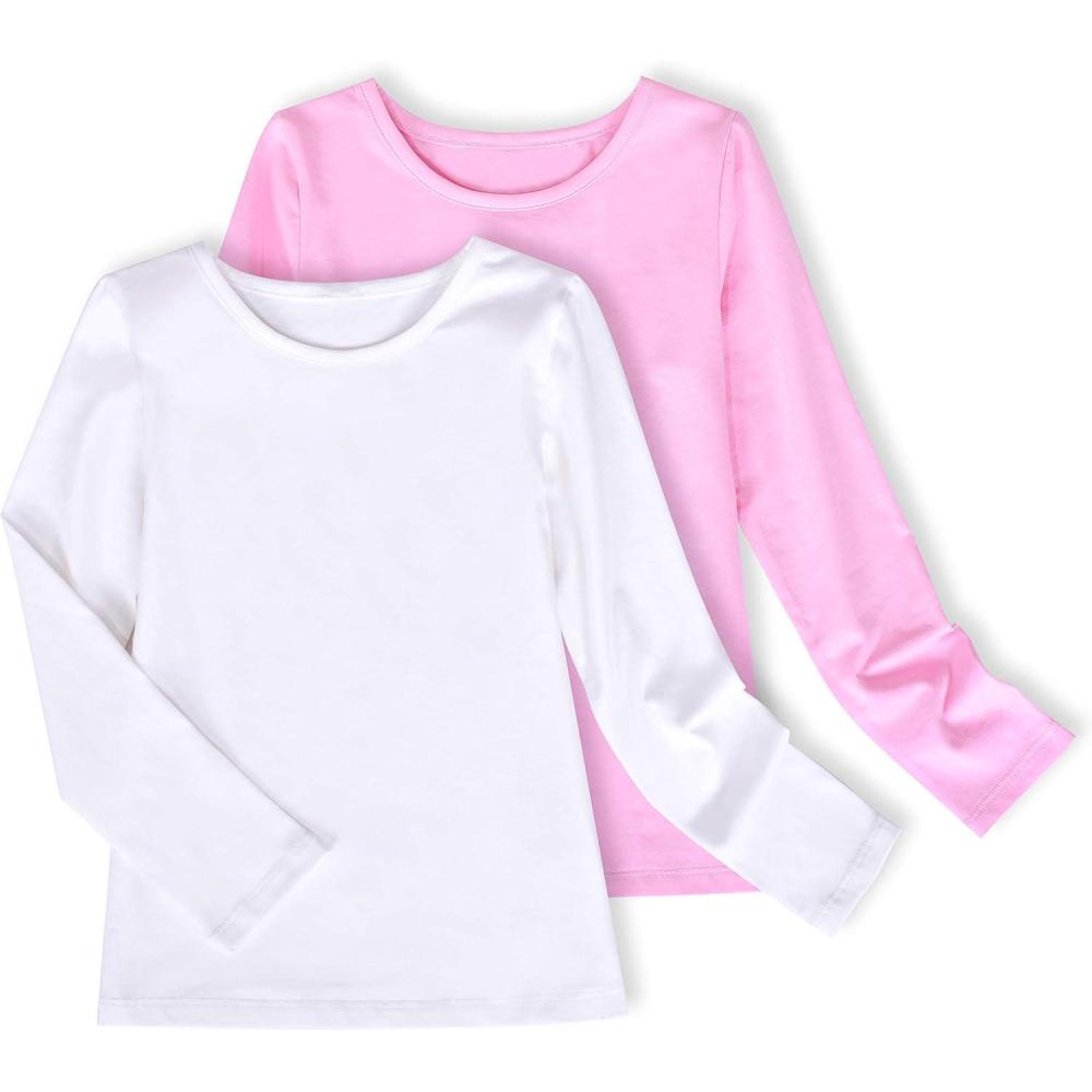 imageSunny Fashion 2 Pack Girls Top Tee Shirt Base Layer Comfort Cotton SoftWhite Pink Set