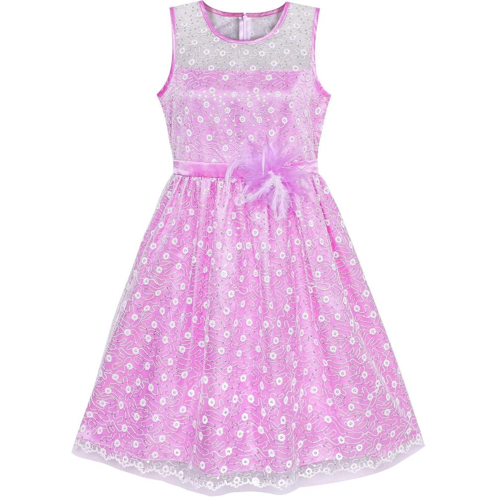 imageSunny Fashion Flower Girl Dress Lace Sequin Flare Pink Wedding Party Size 512Purple