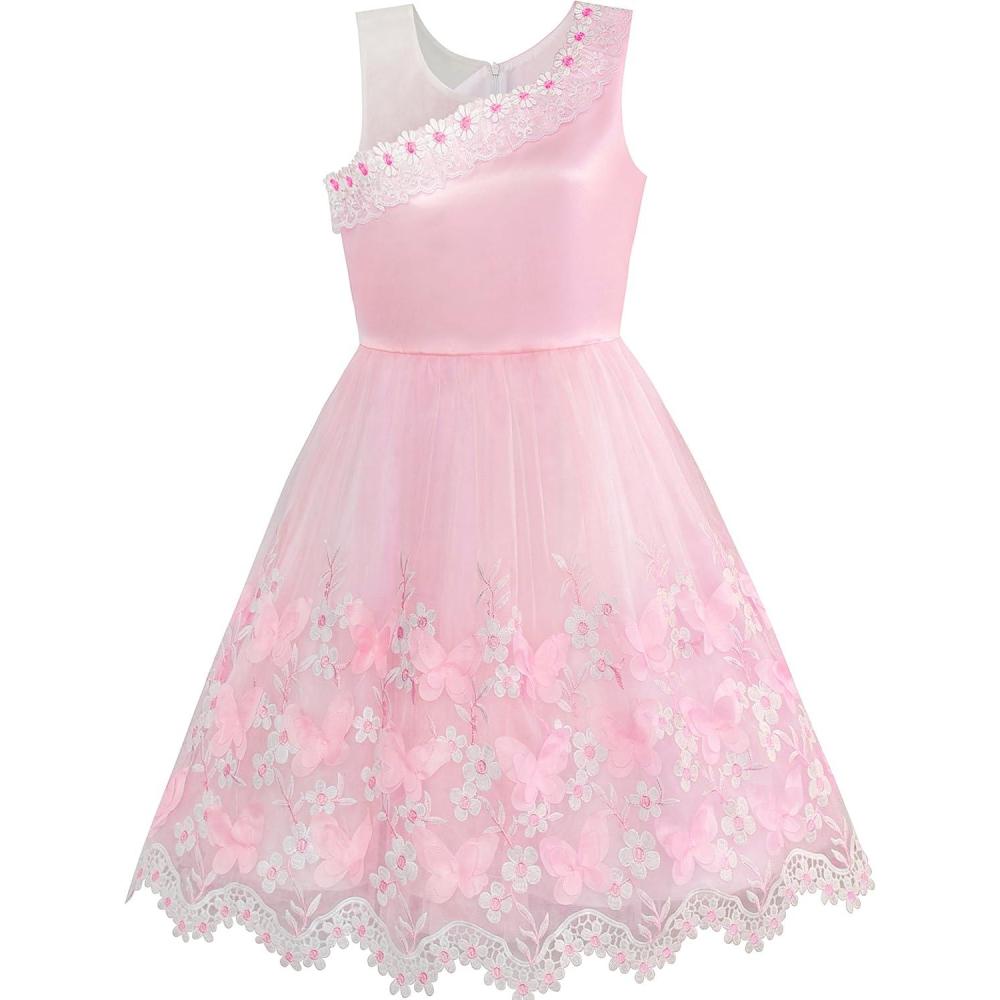 imageSunny Fashion Flower Girl Dress One Shoulder Lace Embroidered Flower PageantRose Pink