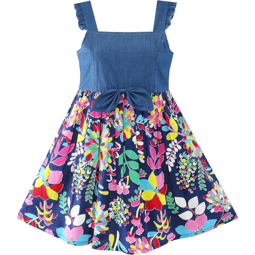 imageSunny Fashion Flower Girls Dress Denim Back to School Sling Size 410