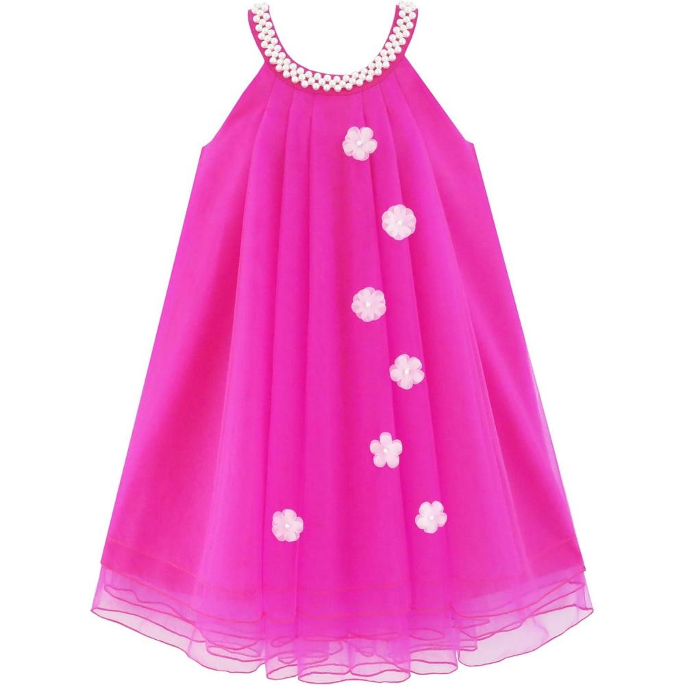 imageSunny Fashion Flower Girls Dress Halter Dress Pearl Party Wedding BirthdayDeep Pink