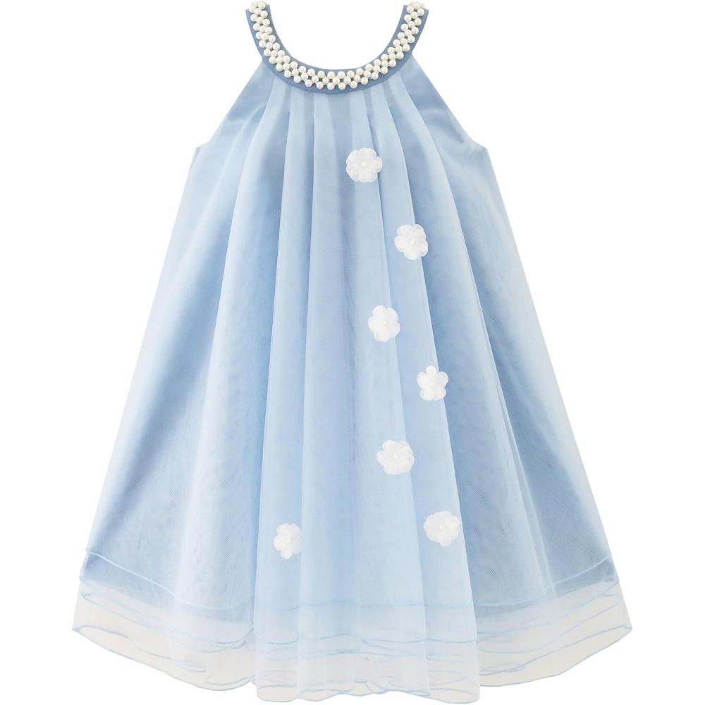 imageSunny Fashion Flower Girls Dress Halter Dress Pearl Party Wedding BirthdayLight Steel Blue