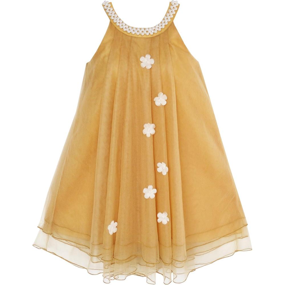 imageSunny Fashion Flower Girls Dress Halter Dress Pearl Party Wedding BirthdayWheat Yellow