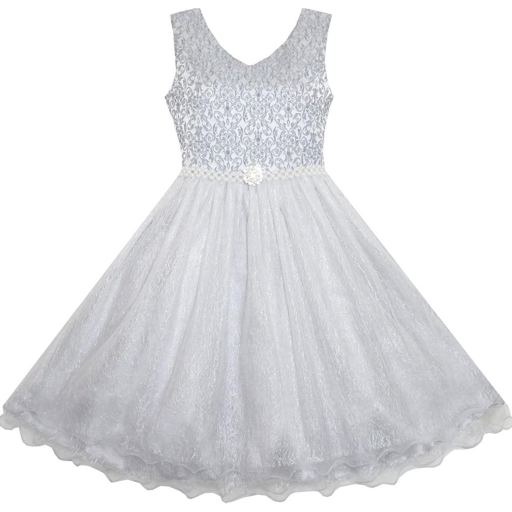 imageSunny Fashion Flower Girls Dress Lace Pearl Flowers Pageant Wedding TulleGray