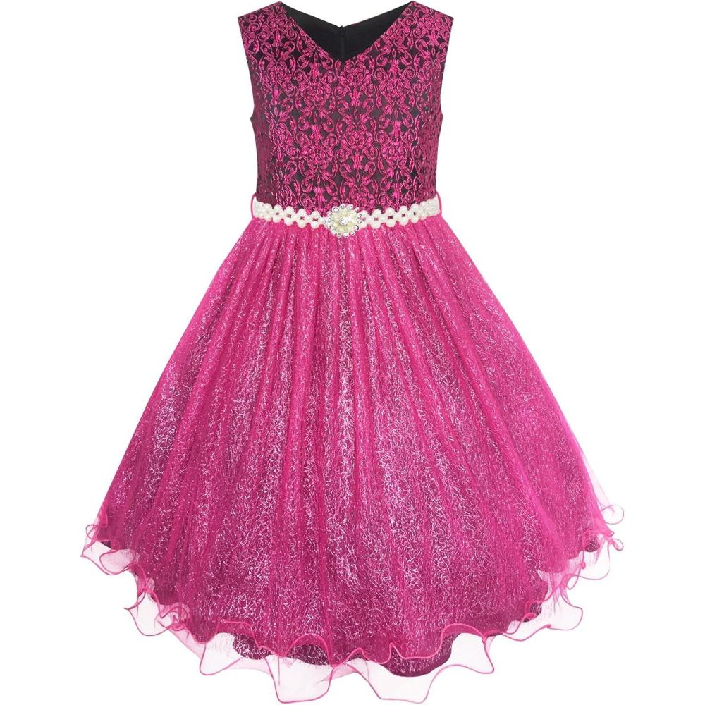 imageSunny Fashion Flower Girls Dress Lace Pearl Flowers Pageant Wedding TulleMagenta Color