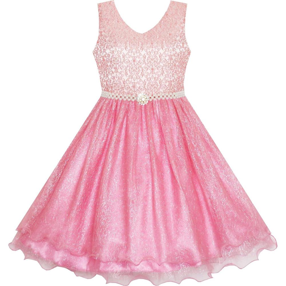 imageSunny Fashion Flower Girls Dress Lace Pearl Flowers Pageant Wedding TulleShining Pink