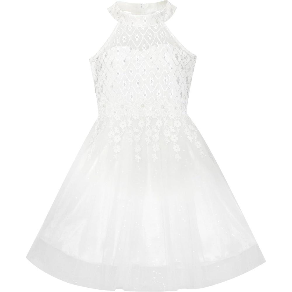 imageSunny Fashion Flower Girls Dress Lace Sequins Sparkling Wedding BridesmaidWhite