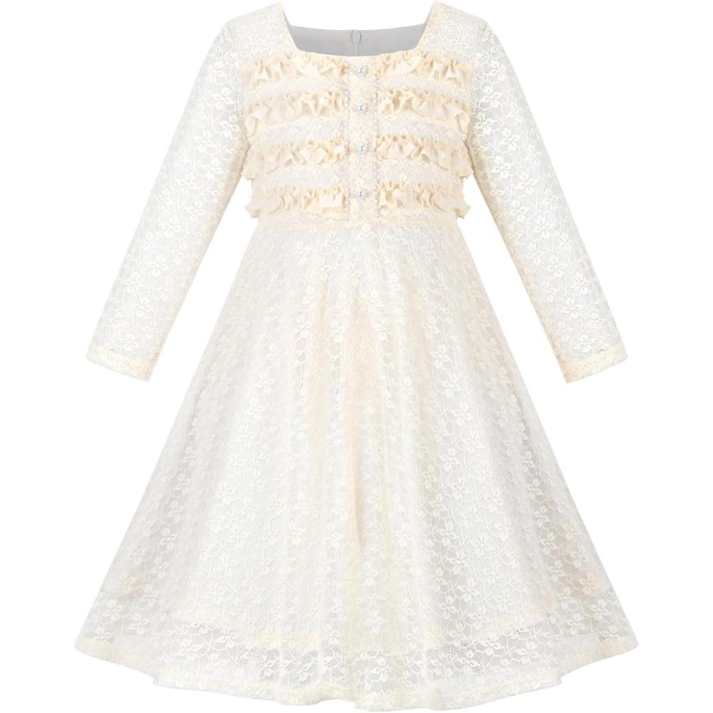 imageSunny Fashion Flower Girls Dress Lace Square Party Pageant Wedding Vintage FormalLight Beige
