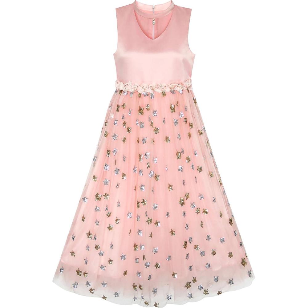 imageSunny Fashion Flower Girls Dress Sparkling Sequins Star Pearl Wedding Party