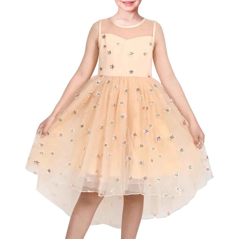 imageSunny Fashion Flower Girls Dress Unicorn Rainbow Pageant Princess PartyBeige Star