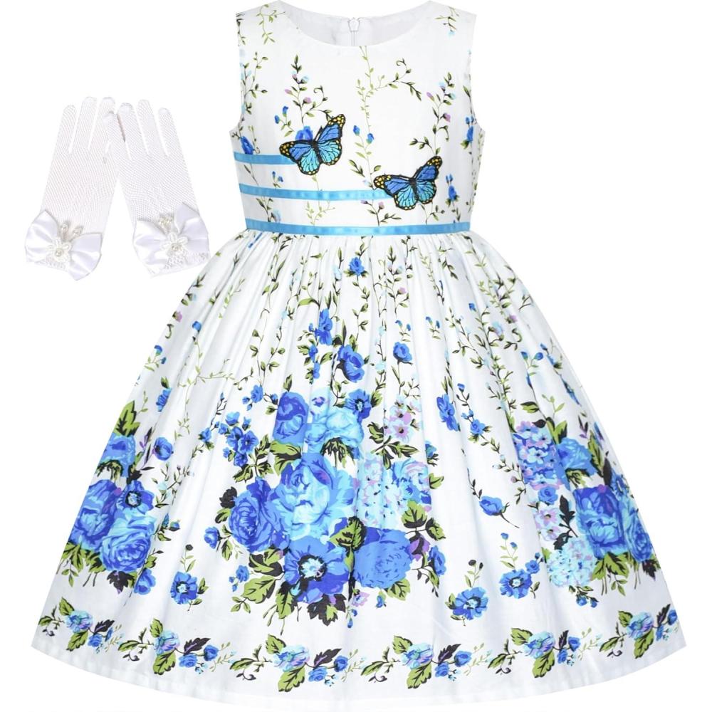 imageSunny Fashion Flower Girls Dress White Tea Party Gloves Princess Dress Size 412Blue Flower
