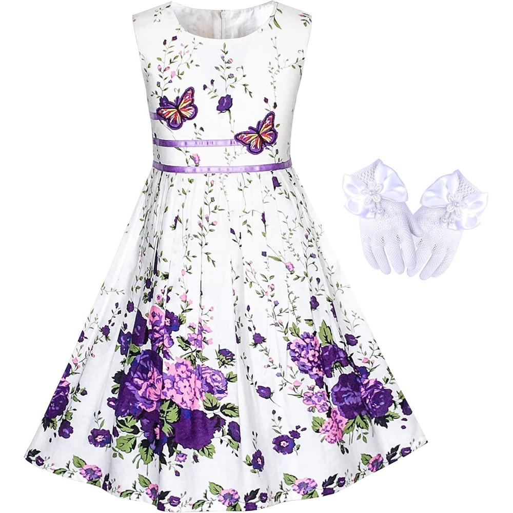 imageSunny Fashion Flower Girls Dress White Tea Party Gloves Princess Dress Size 412Purple Set