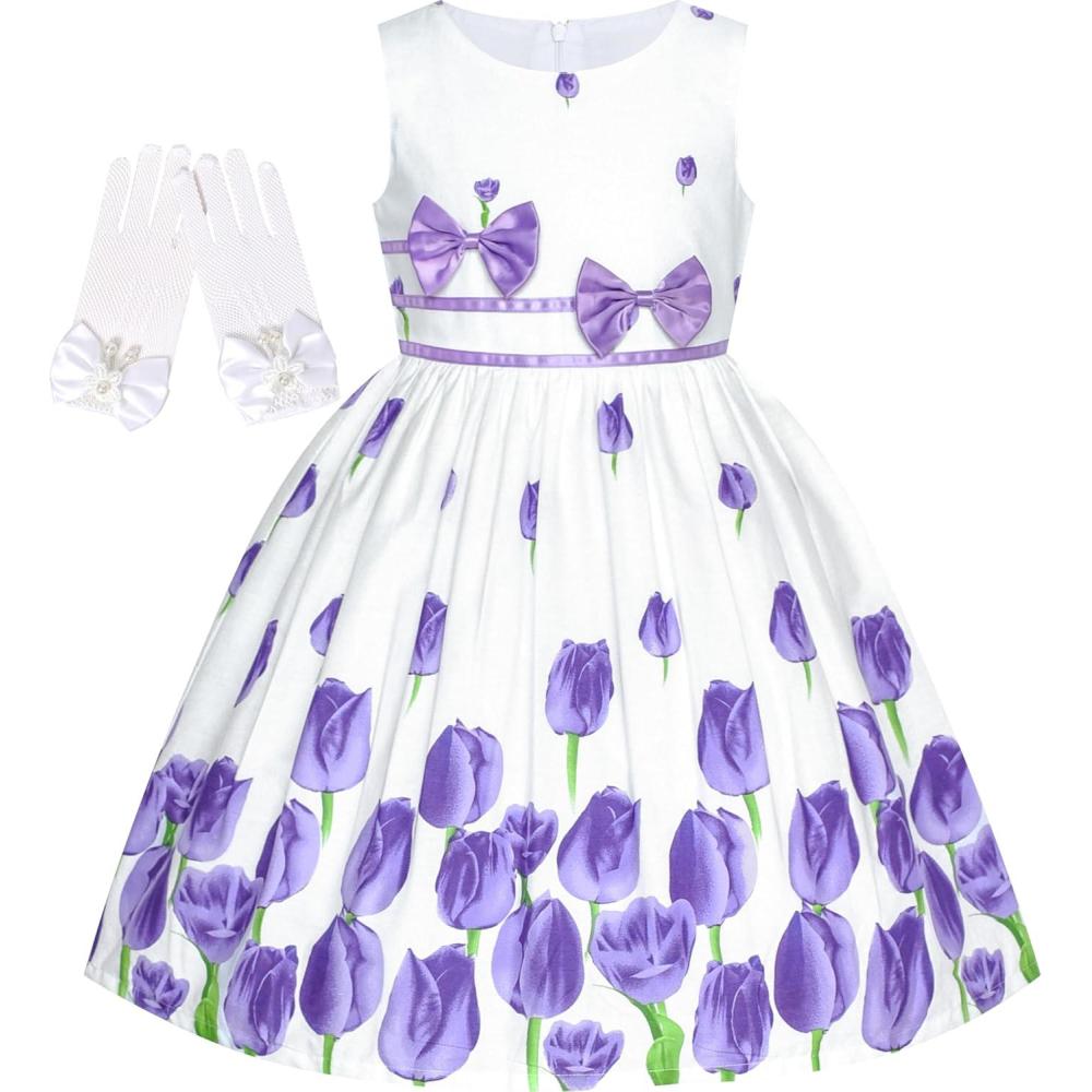 imageSunny Fashion Flower Girls Dress White Tea Party Gloves Princess Dress Size 412Purple Tulip Set
